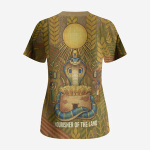 Renenutet  Golden Cobra Scrub Top with Wheat Motif in Egyptian Agricultural Theme