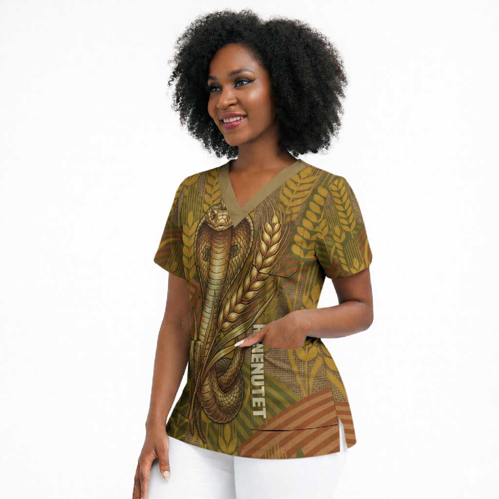 Renenutet  Golden Cobra Scrub Top with Wheat Motif in Egyptian Agricultural Theme