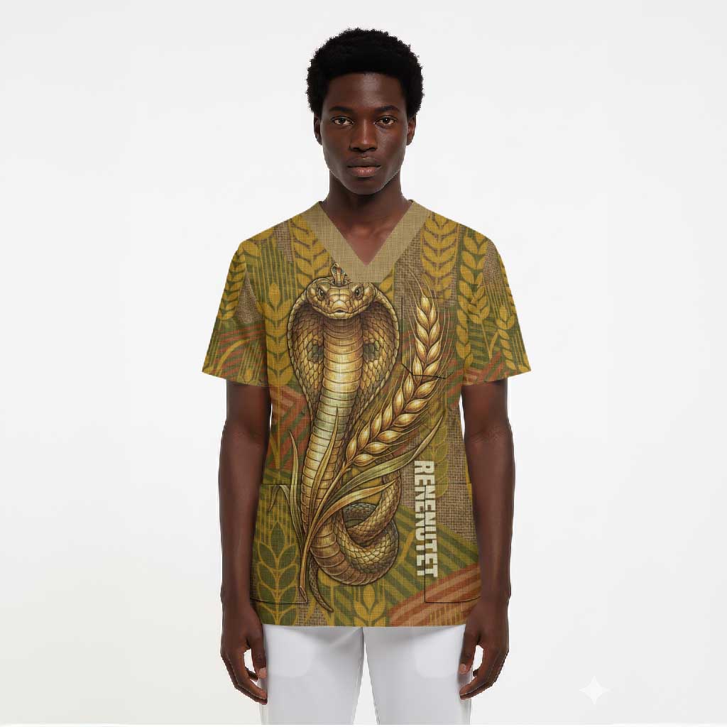 Renenutet  Golden Cobra Scrub Top with Wheat Motif in Egyptian Agricultural Theme