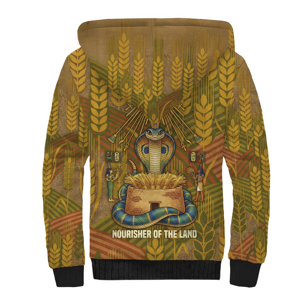Renenutet  Golden Cobra Sherpa Hoodie with Wheat Motif in Egyptian Agricultural Theme
