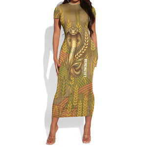 Renenutet  Golden Cobra Short Sleeve Bodycon Dress with Wheat Motif in Egyptian Agricultural Theme