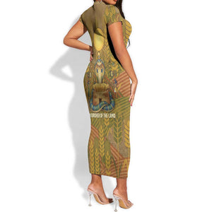 Renenutet  Golden Cobra Short Sleeve Bodycon Dress with Wheat Motif in Egyptian Agricultural Theme