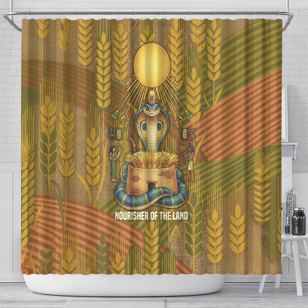 Renenutet  Golden Cobra Shower Curtain with Wheat Motif in Egyptian Agricultural Theme