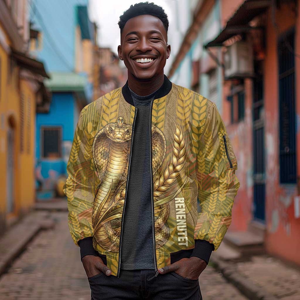 Renenutet  Golden Cobra Sleeve Zip Bomber Jacket with Wheat Motif in Egyptian Agricultural Theme
