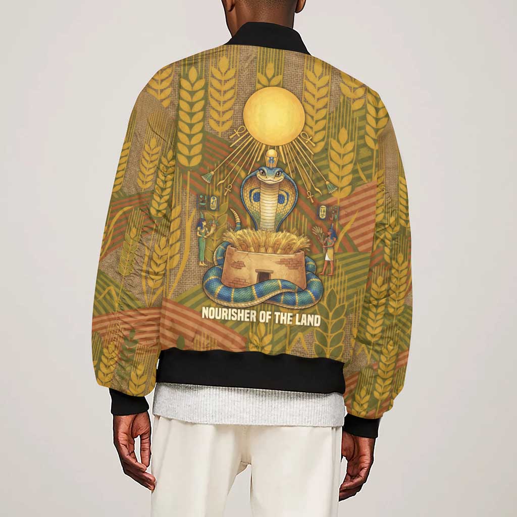 Renenutet  Golden Cobra Sleeve Zip Bomber Jacket with Wheat Motif in Egyptian Agricultural Theme