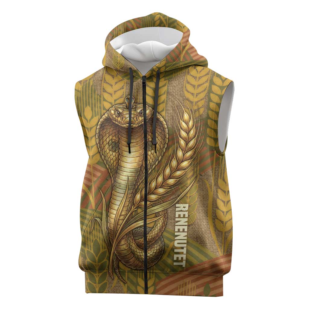 Renenutet  Golden Cobra Sleeveless Zip Hoodie with Wheat Motif in Egyptian Agricultural Theme