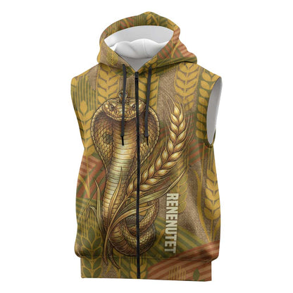 Renenutet  Golden Cobra Sleeveless Zip Hoodie with Wheat Motif in Egyptian Agricultural Theme