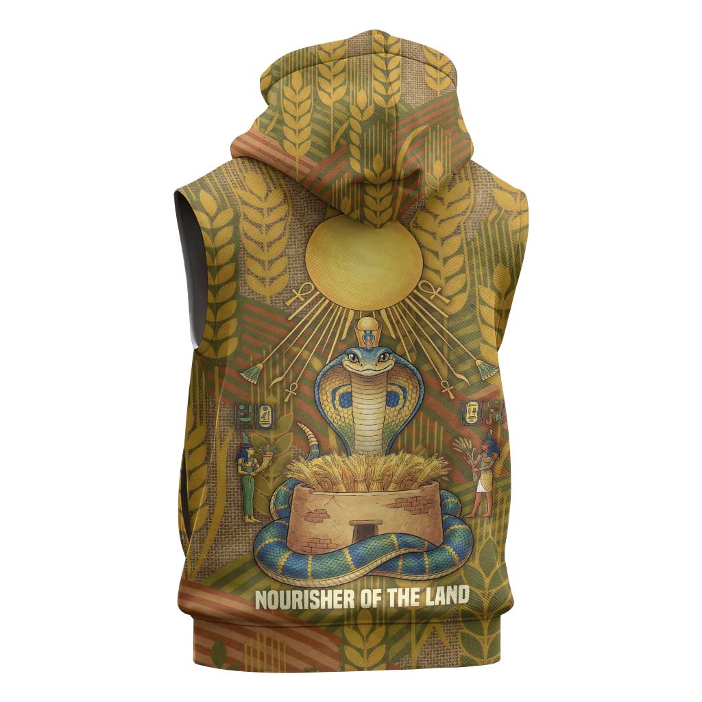 Renenutet  Golden Cobra Sleeveless Zip Hoodie with Wheat Motif in Egyptian Agricultural Theme