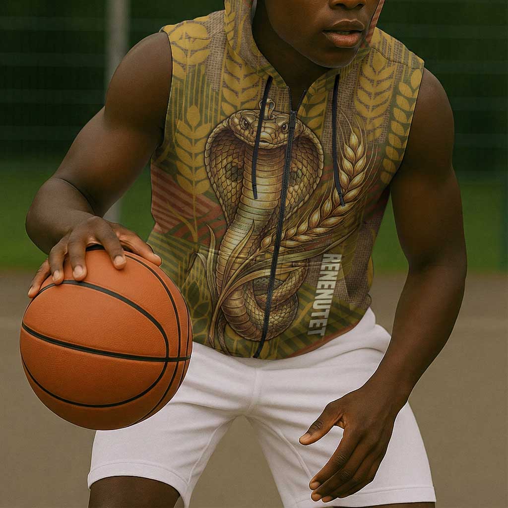 Renenutet  Golden Cobra Sleeveless Zip Hoodie with Wheat Motif in Egyptian Agricultural Theme