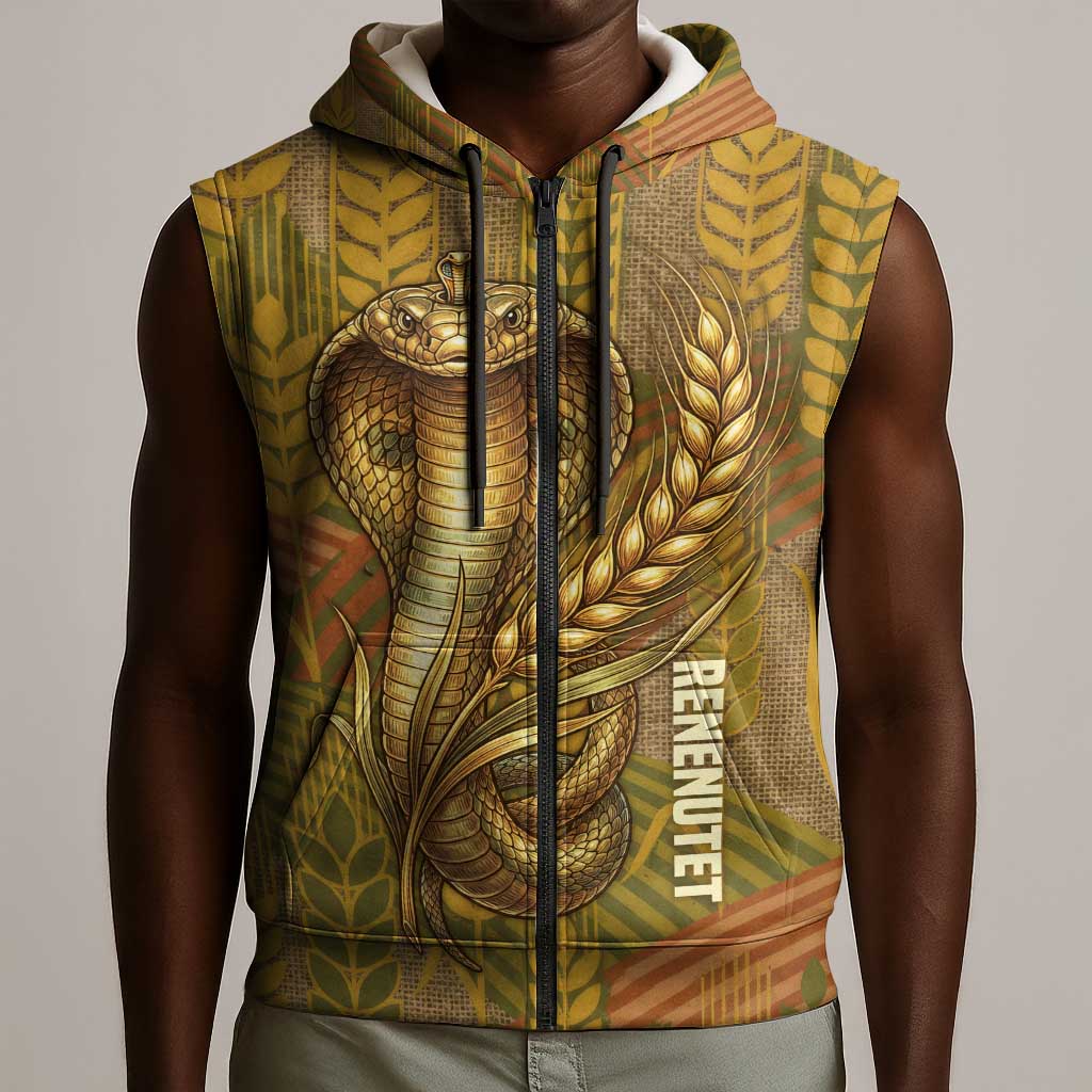 Renenutet  Golden Cobra Sleeveless Zip Hoodie with Wheat Motif in Egyptian Agricultural Theme