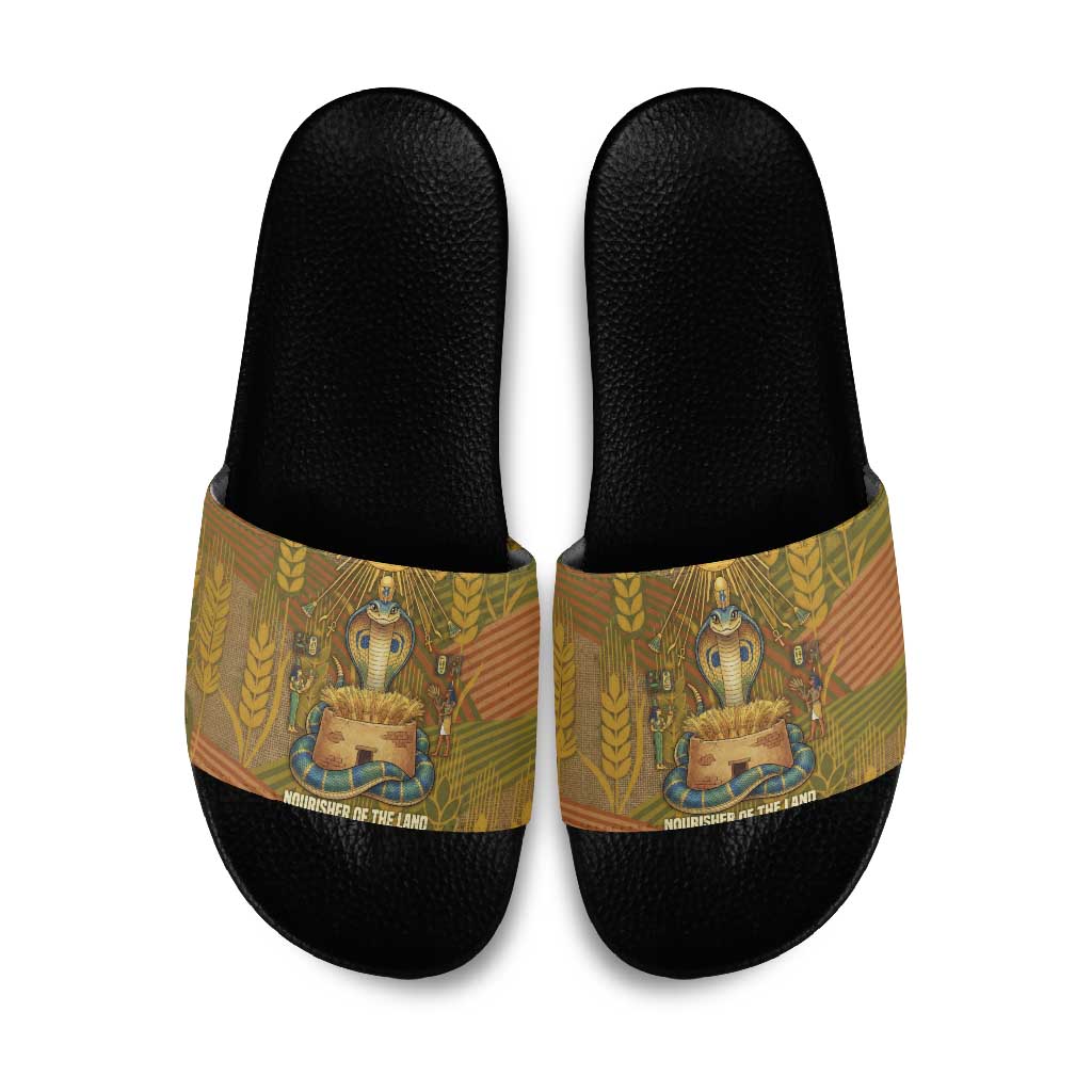 Renenutet  Golden Cobra Slide Sandals with Wheat Motif in Egyptian Agricultural Theme