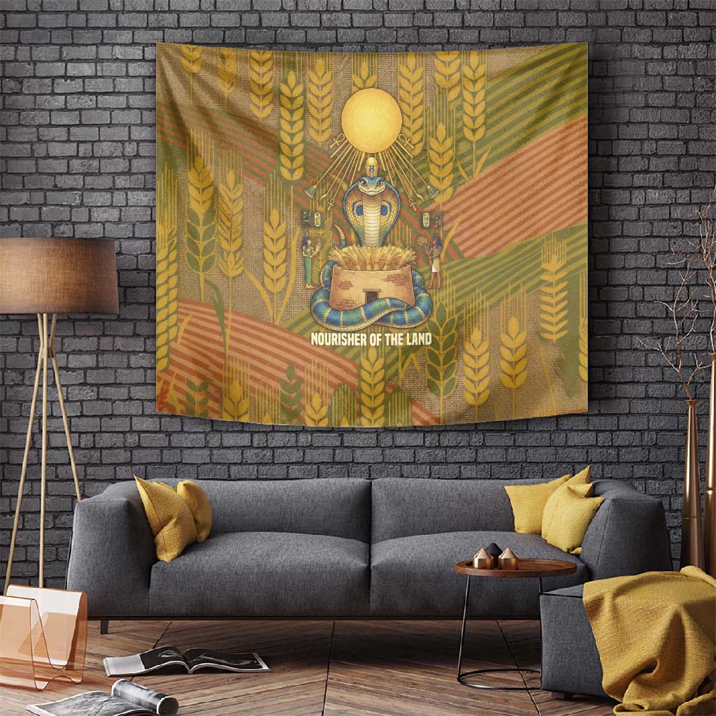 Renenutet  Golden Cobra Tapestry with Wheat Motif in Egyptian Agricultural Theme
