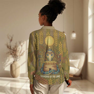 Renenutet  Golden Cobra Women Casual Shirt with Wheat Motif in Egyptian Agricultural Theme