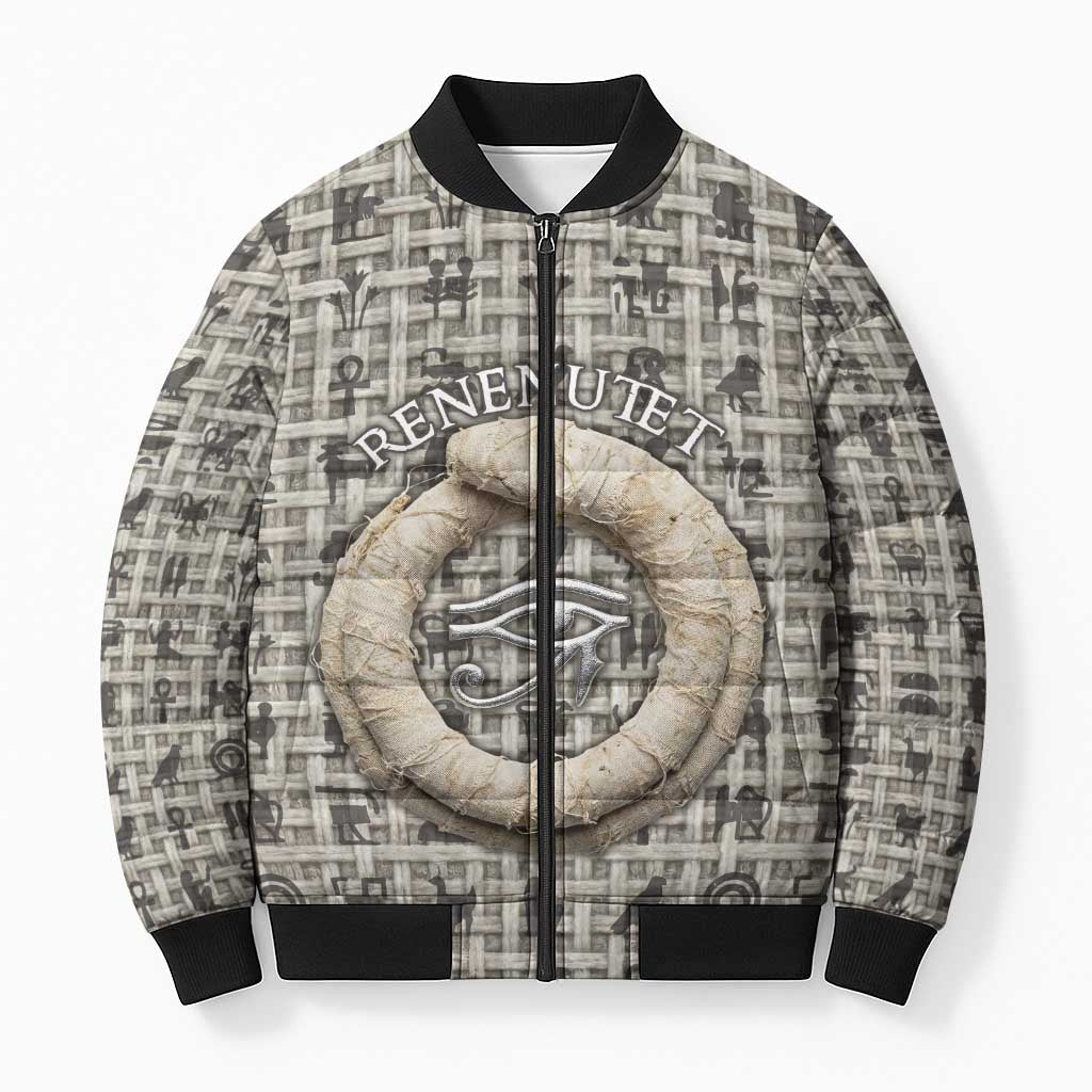 Renenutet Bomber Puffer Jacket with Bread Ring and Eye of Horus in Egyptian Nourishment