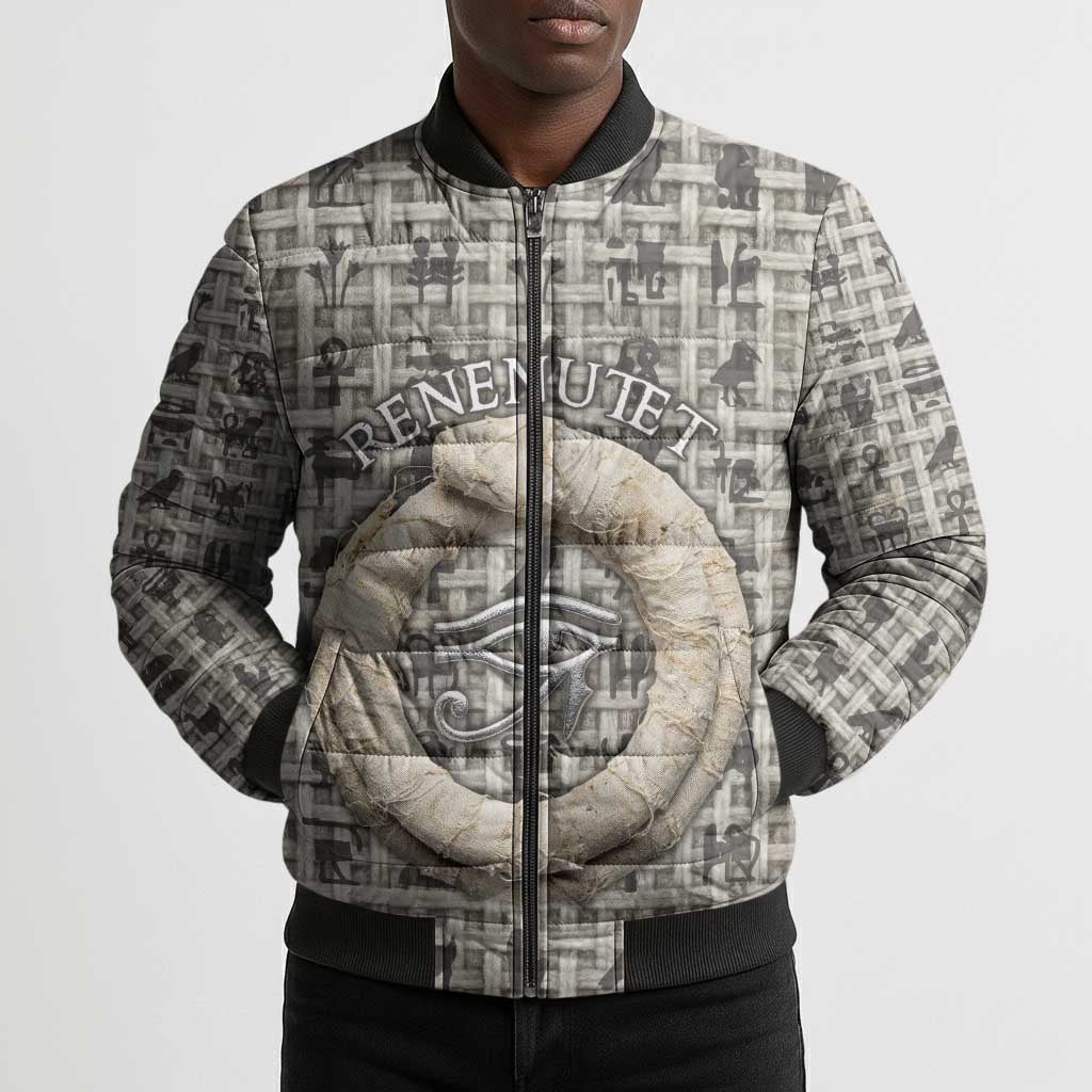 Renenutet Bomber Puffer Jacket with Bread Ring and Eye of Horus in Egyptian Nourishment