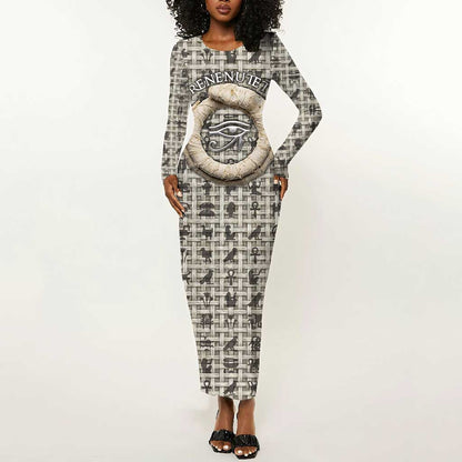 Renenutet Long Sleeve Bodycon Dress with Bread Ring and Eye of Horus in Egyptian Nourishment