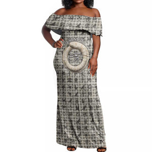 Renenutet Off Shoulder Maxi Dress with Bread Ring and Eye of Horus in Egyptian Nourishment