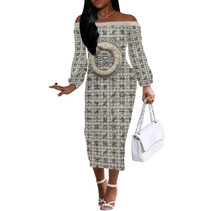 Renenutet Off The Shoulder Long Sleeve Dress with Bread Ring and Eye of Horus in Egyptian Nourishment