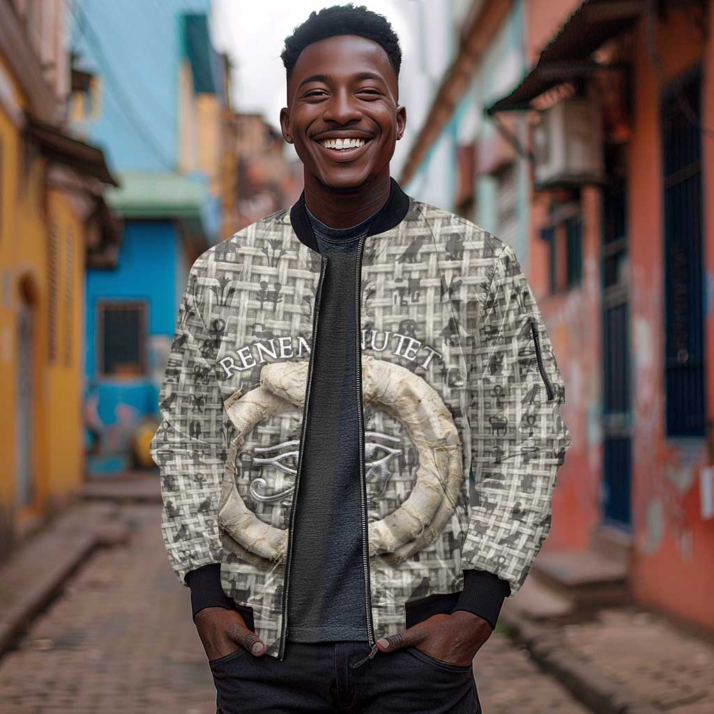 Renenutet Sleeve Zip Bomber Jacket with Bread Ring and Eye of Horus in Egyptian Nourishment