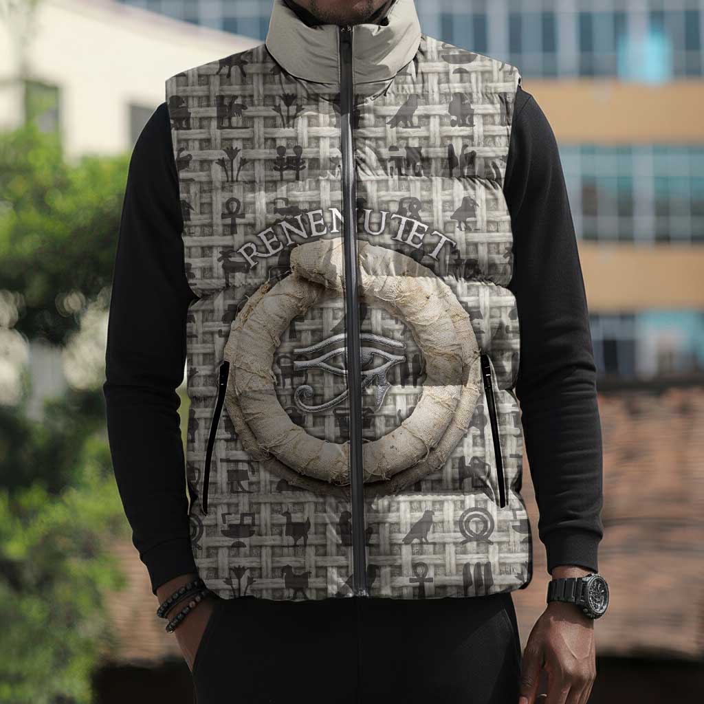 Renenutet Sleeveless Puffer Jacket with Bread Ring and Eye of Horus in Egyptian Nourishment
