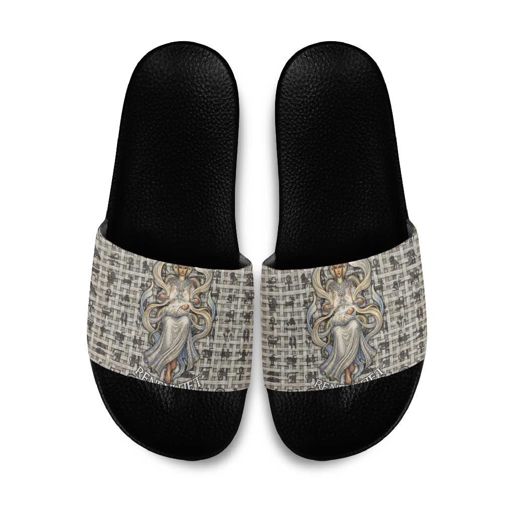 Renenutet Slide Sandals with Bread Ring and Eye of Horus in Egyptian Nourishment