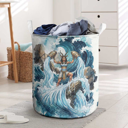 Satis Water Torrent Laundry Basket with Egyptian Flood Symbolism in Oceanic Blue Tones