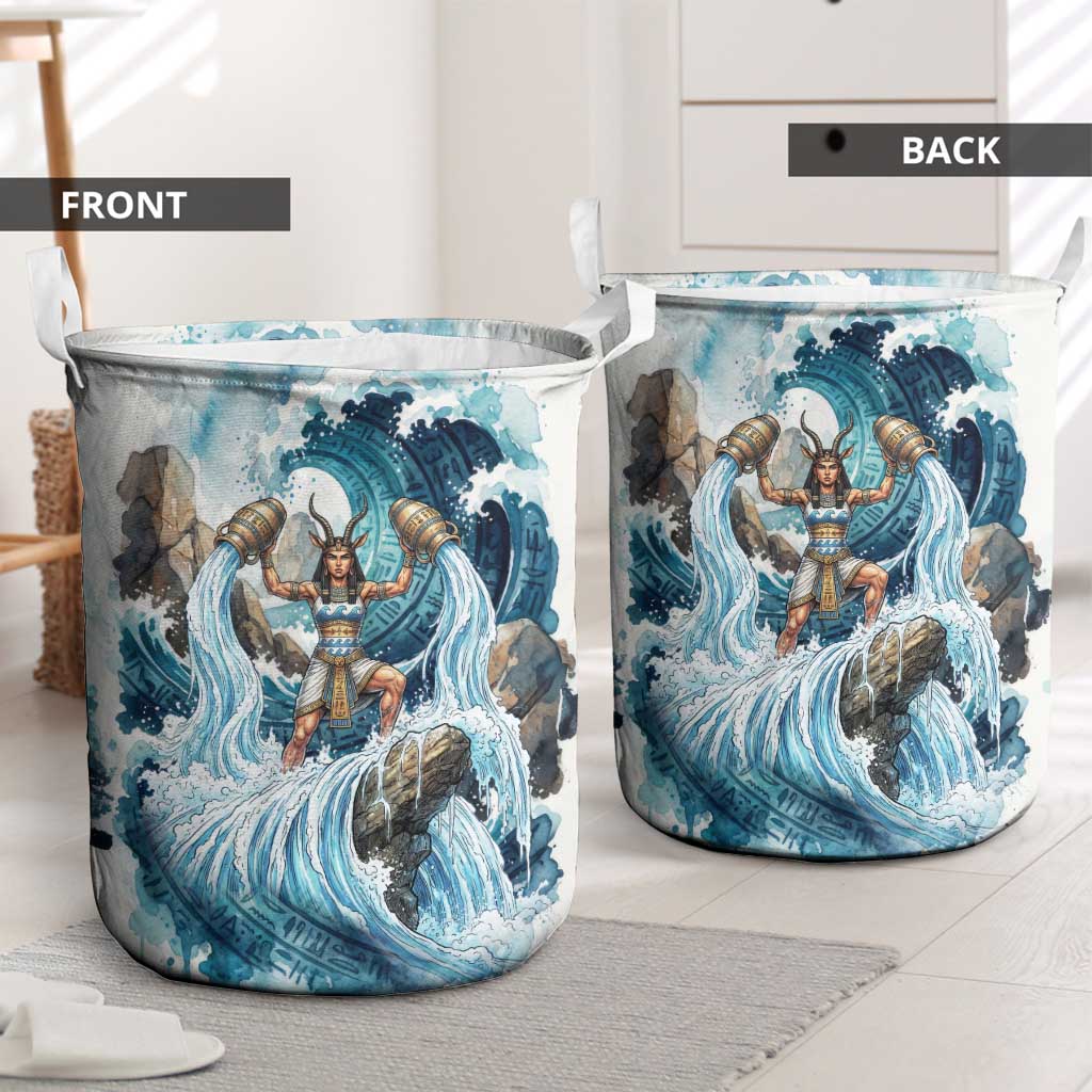 Satis Water Torrent Laundry Basket with Egyptian Flood Symbolism in Oceanic Blue Tones