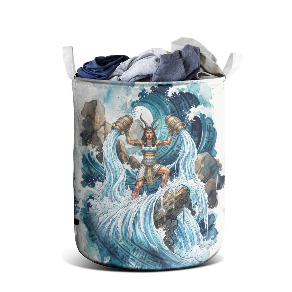 Satis Water Torrent Laundry Basket with Egyptian Flood Symbolism in Oceanic Blue Tones