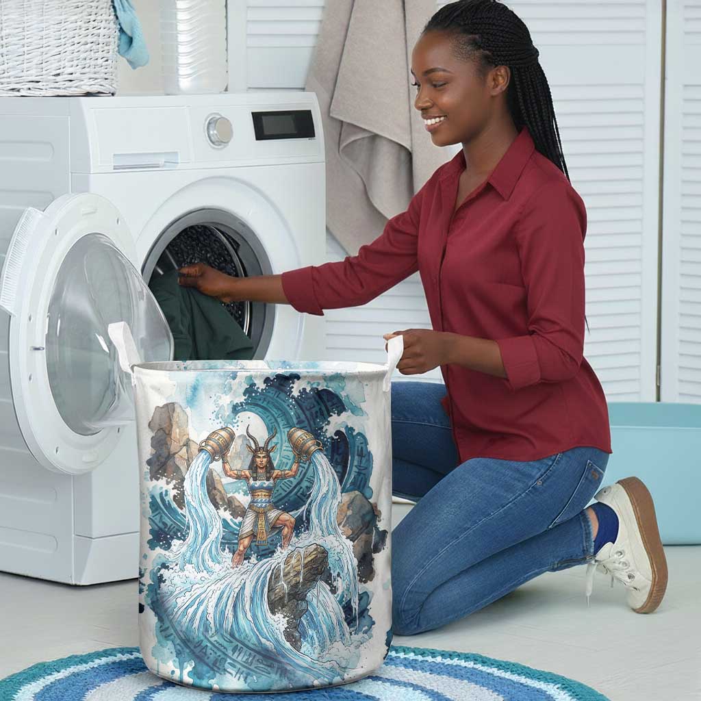 Satis Water Torrent Laundry Basket with Egyptian Flood Symbolism in Oceanic Blue Tones