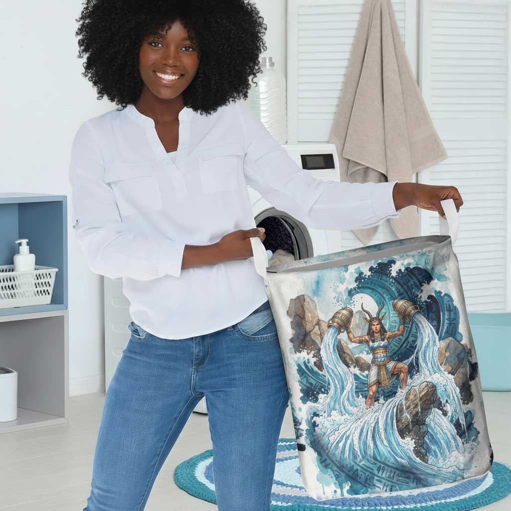 Satis Water Torrent Laundry Basket with Egyptian Flood Symbolism in Oceanic Blue Tones