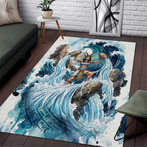 Satis Water Torrent Area Rug with Egyptian Flood Symbolism in Oceanic Blue Tones
