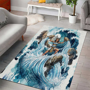 Satis Water Torrent Area Rug with Egyptian Flood Symbolism in Oceanic Blue Tones