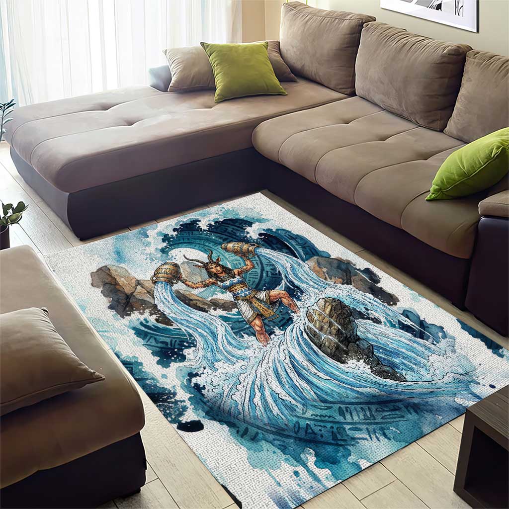 Satis Water Torrent Area Rug with Egyptian Flood Symbolism in Oceanic Blue Tones
