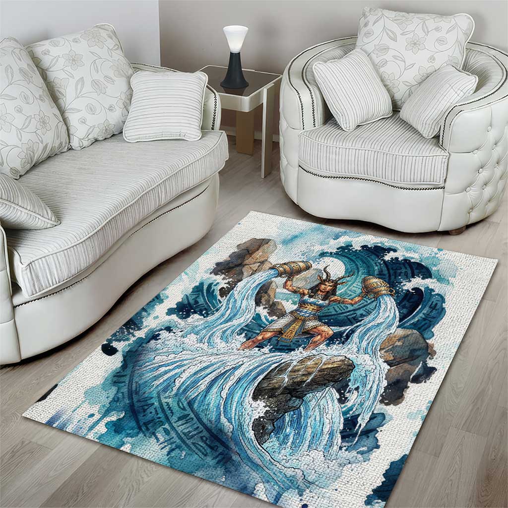 Satis Water Torrent Area Rug with Egyptian Flood Symbolism in Oceanic Blue Tones