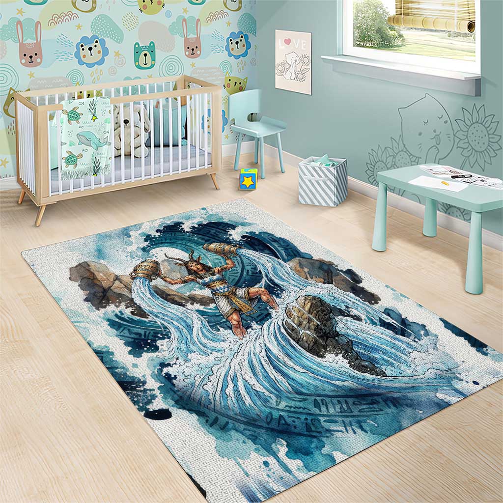 Satis Water Torrent Area Rug with Egyptian Flood Symbolism in Oceanic Blue Tones