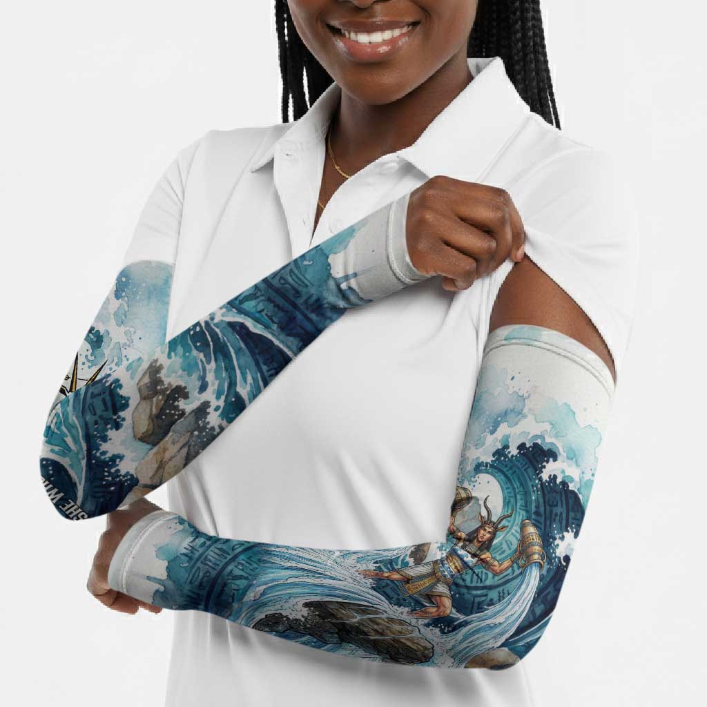 Satis Water Torrent Arm Sleeves with Egyptian Flood Symbolism in Oceanic Blue Tones