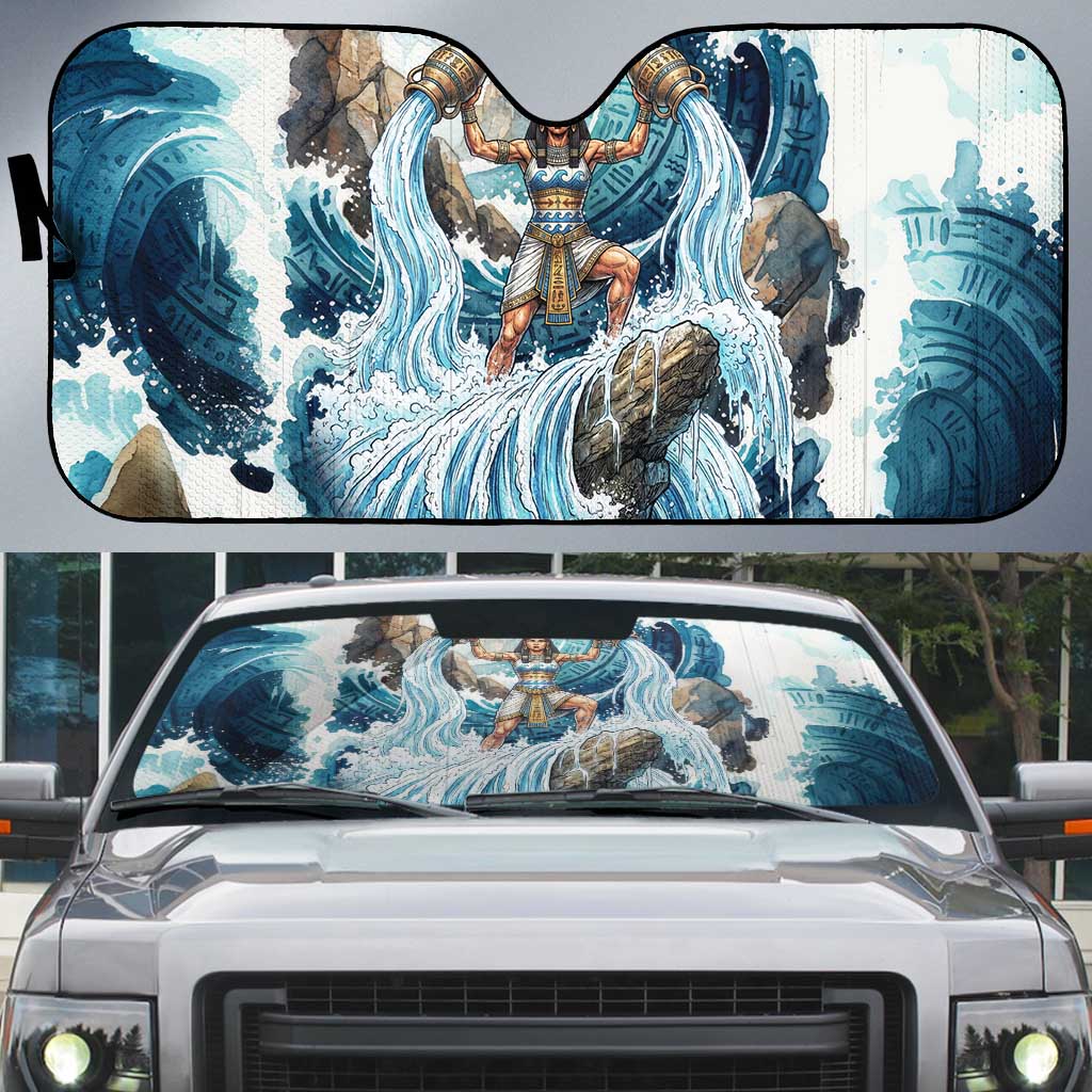 Satis Water Torrent Auto Sun Shade with Egyptian Flood Symbolism in Oceanic Blue Tones