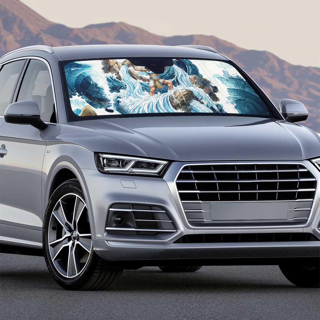 Satis Water Torrent Auto Sun Shade with Egyptian Flood Symbolism in Oceanic Blue Tones