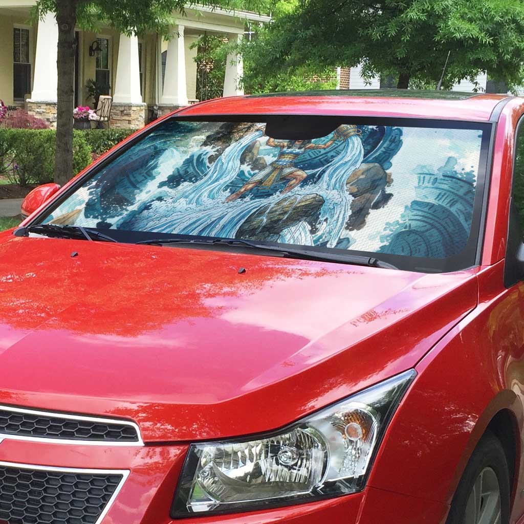 Satis Water Torrent Auto Sun Shade with Egyptian Flood Symbolism in Oceanic Blue Tones