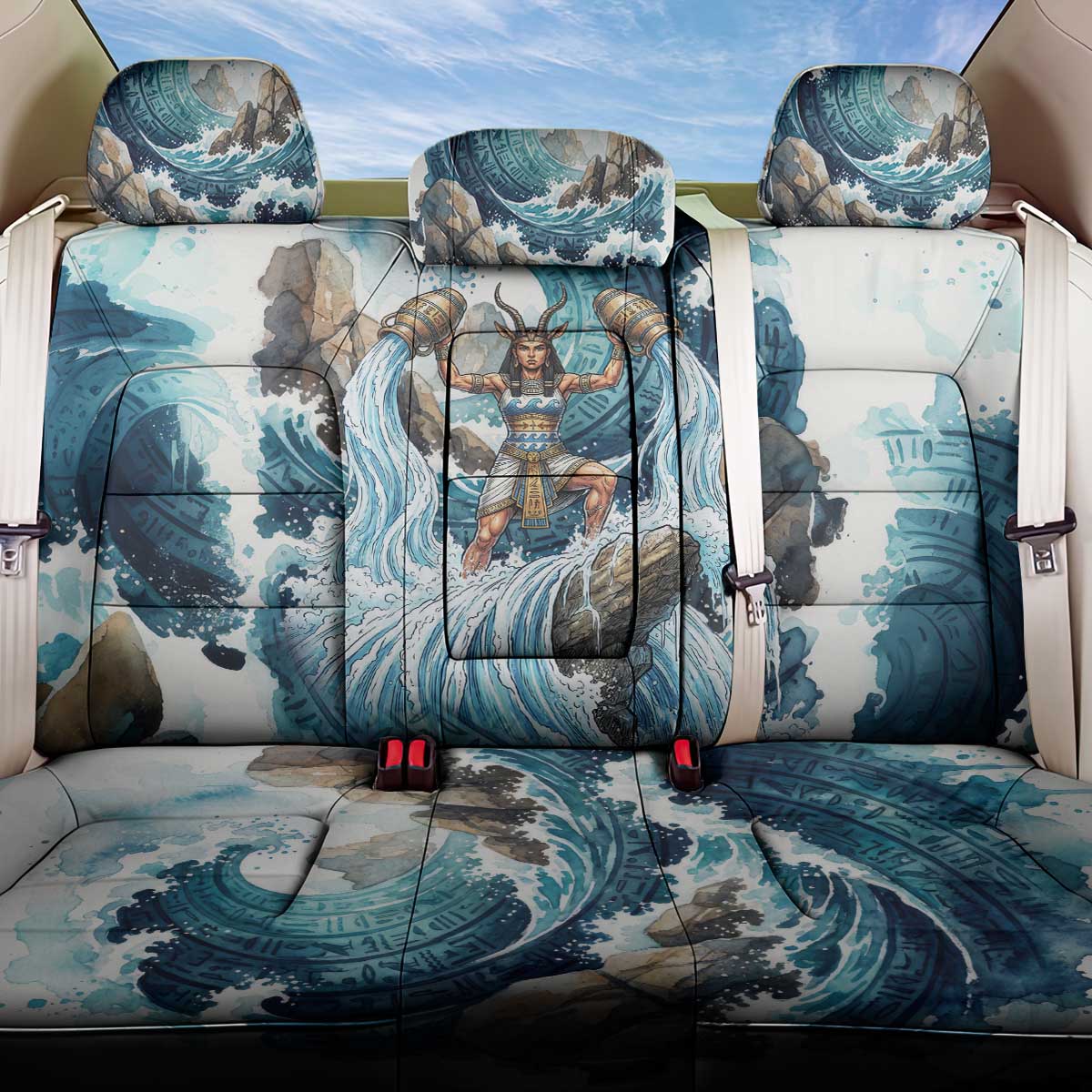 Satis Water Torrent Back Car Seat Cover with Egyptian Flood Symbolism in Oceanic Blue Tones