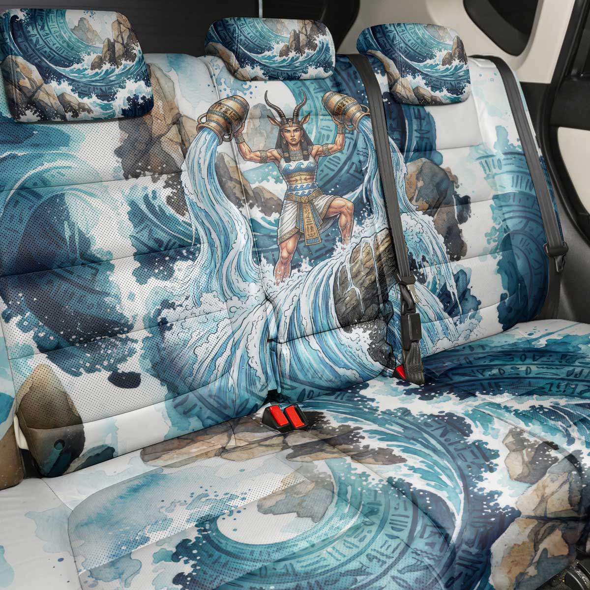 Satis Water Torrent Back Car Seat Cover with Egyptian Flood Symbolism in Oceanic Blue Tones