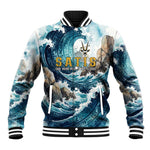 Satis Water Torrent Baseball Jacket with Egyptian Flood Symbolism in Oceanic Blue Tones