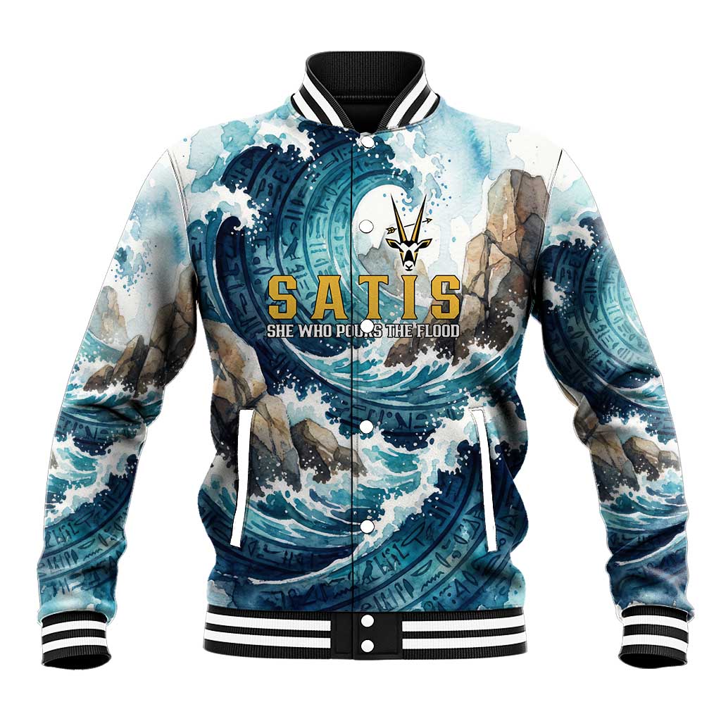 Satis Water Torrent Baseball Jacket with Egyptian Flood Symbolism in Oceanic Blue Tones