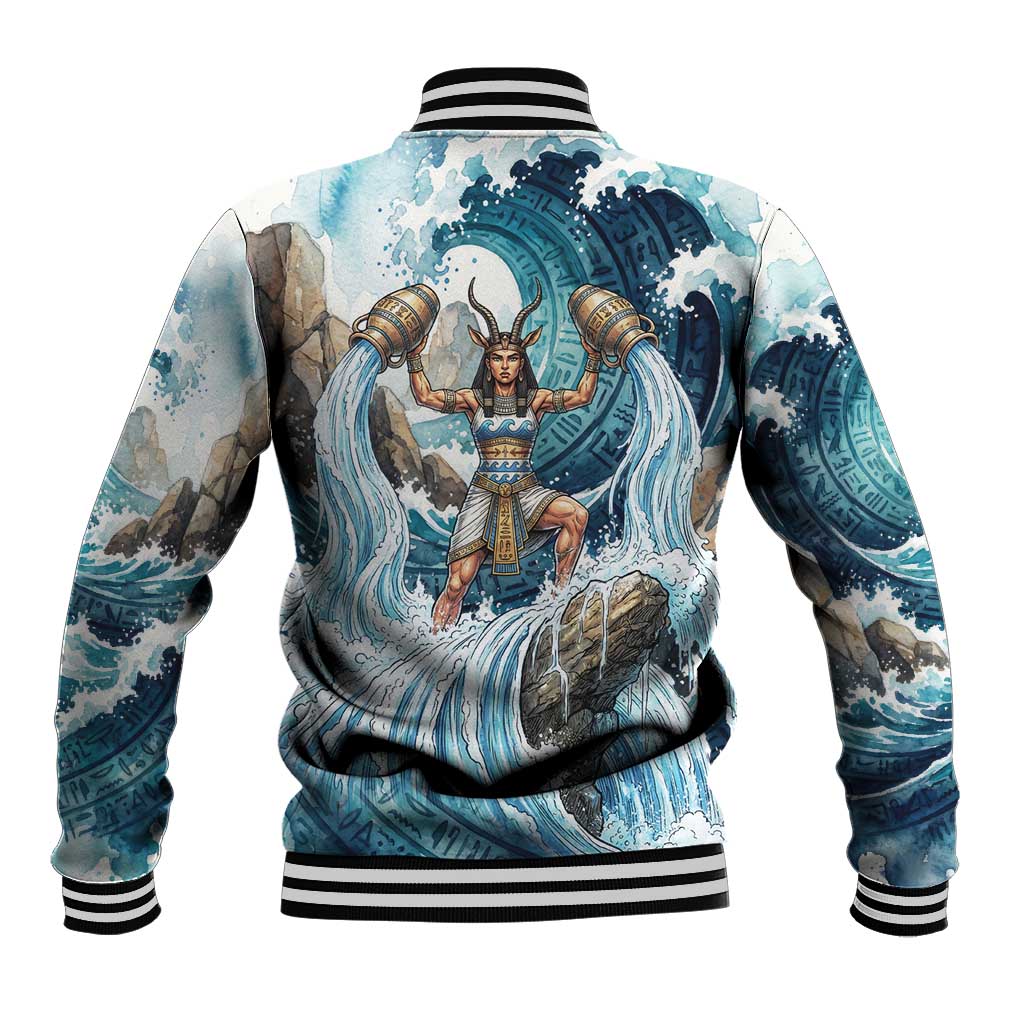 Satis Water Torrent Baseball Jacket with Egyptian Flood Symbolism in Oceanic Blue Tones