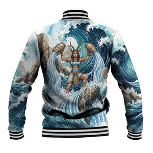 Satis Water Torrent Baseball Jacket with Egyptian Flood Symbolism in Oceanic Blue Tones