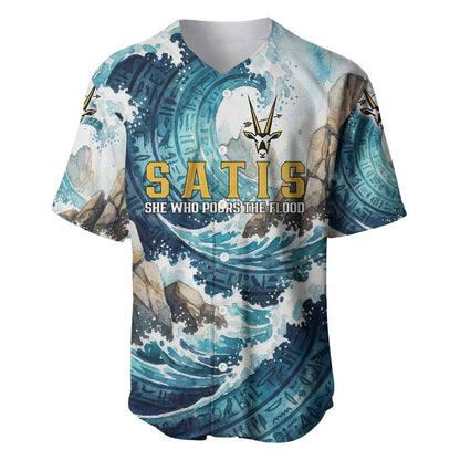 Satis Water Torrent Baseball Jersey with Egyptian Flood Symbolism in Oceanic Blue Tones