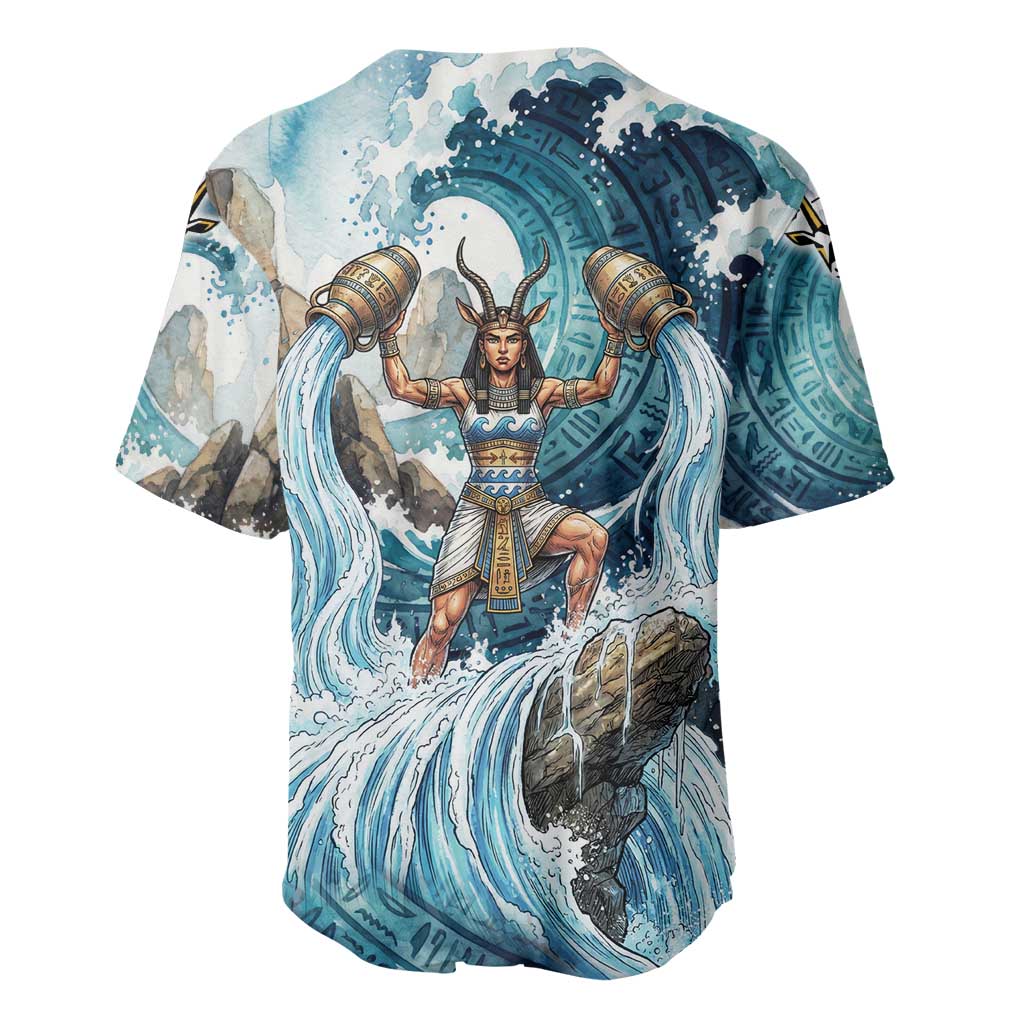 Satis Water Torrent Baseball Jersey with Egyptian Flood Symbolism in Oceanic Blue Tones