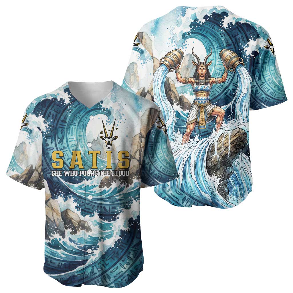 Satis Water Torrent Baseball Jersey with Egyptian Flood Symbolism in Oceanic Blue Tones