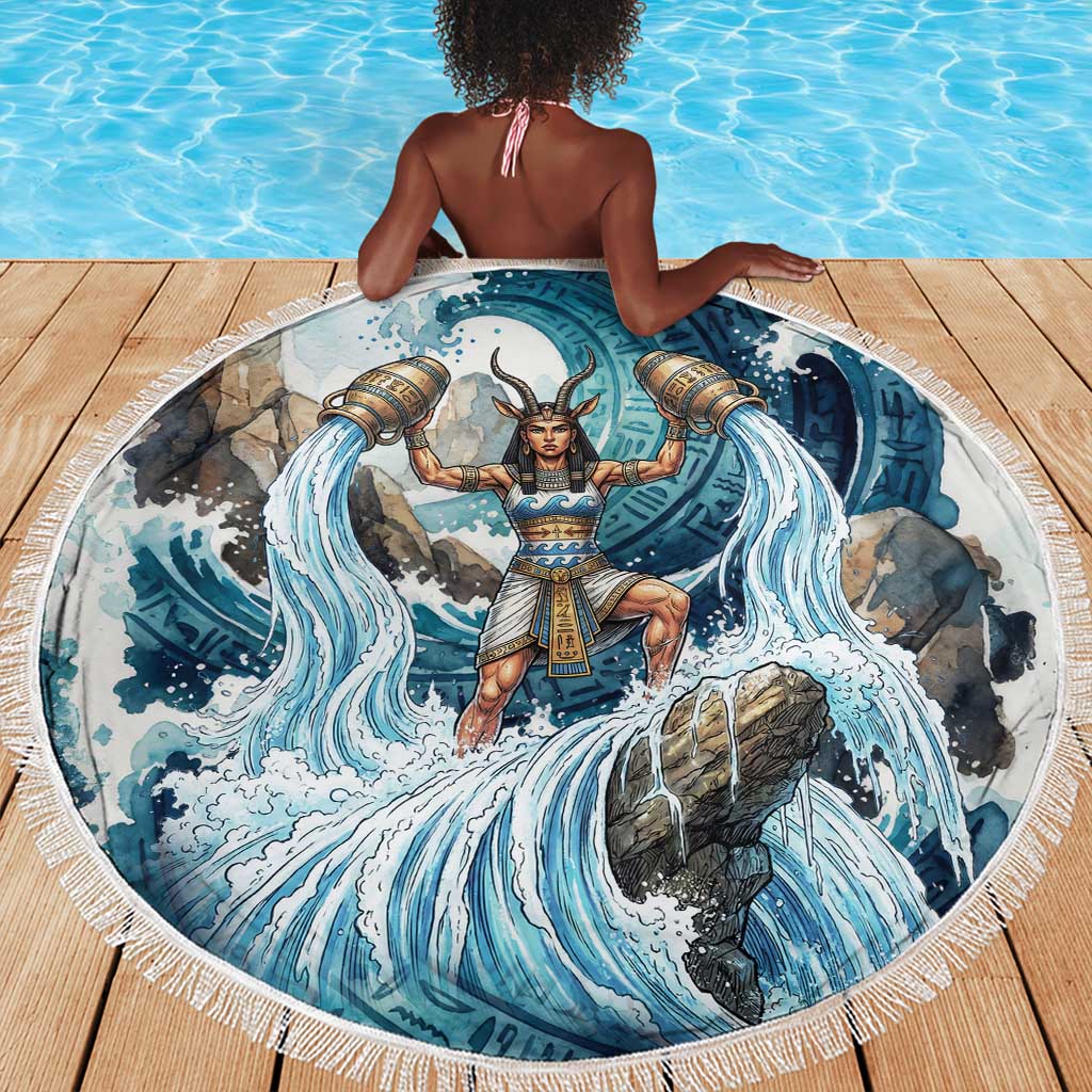 Satis Water Torrent Beach Blanket with Egyptian Flood Symbolism in Oceanic Blue Tones