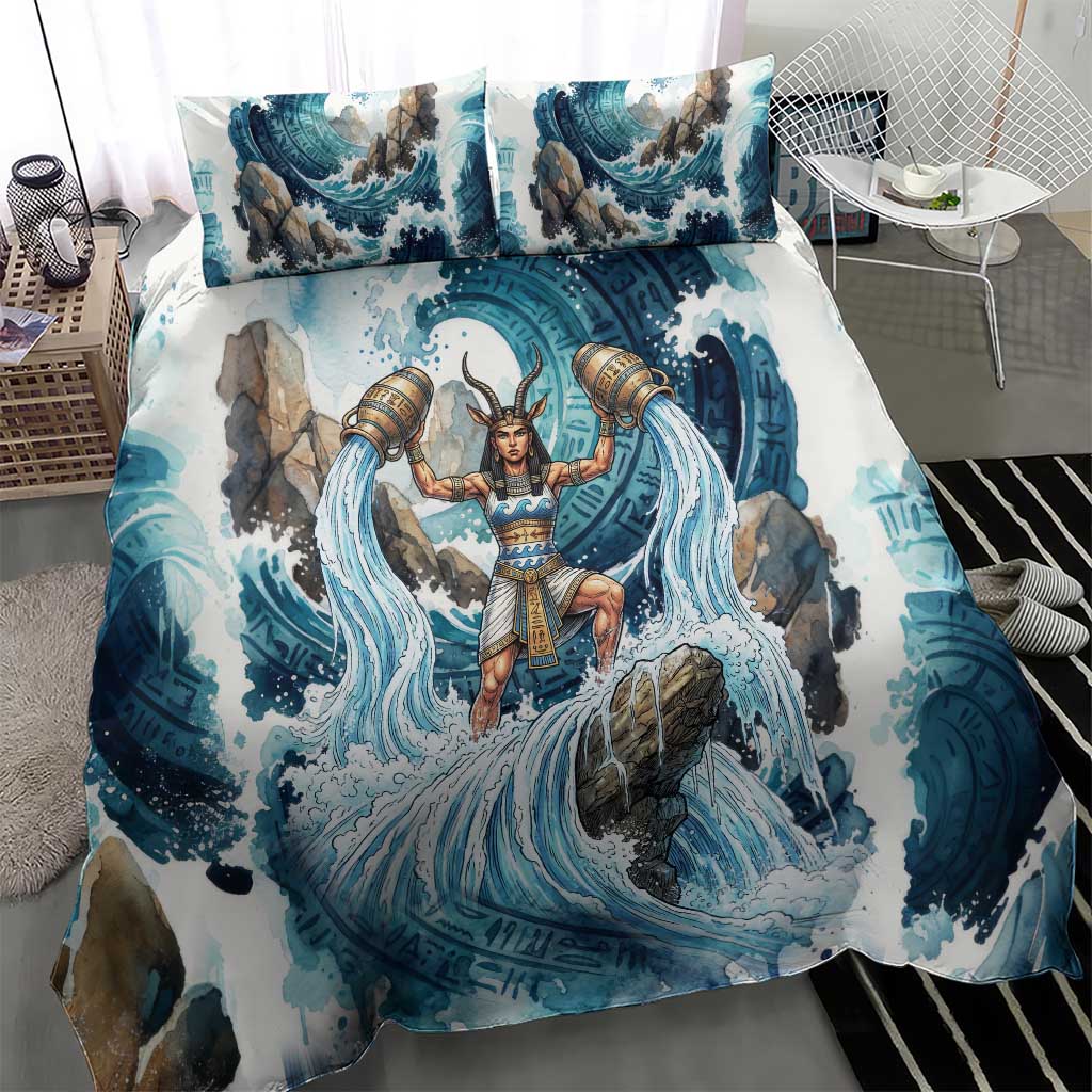 Satis Water Torrent Bedding Set with Egyptian Flood Symbolism in Oceanic Blue Tones